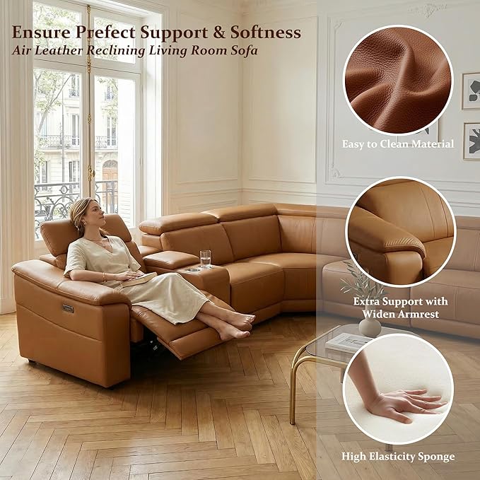 Power Recliner Sectional Sofa, L-Shaped Living Room Furniture Set, Light Brown Leather Sofa, Reclining Sectional Couch with Storage Console/Cup Holder for Living Room/House/Apt