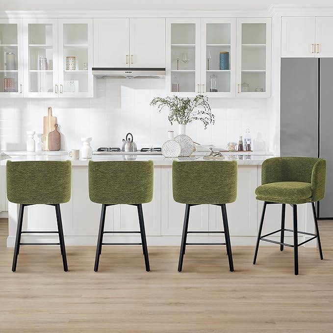 26" H Counter Height Swivel Bar Stools Set of 4, Barrel Counter Stools with Backrest, Linen Fabric Upholstered Barstools with Metal Legs for Kitchen Island,Green