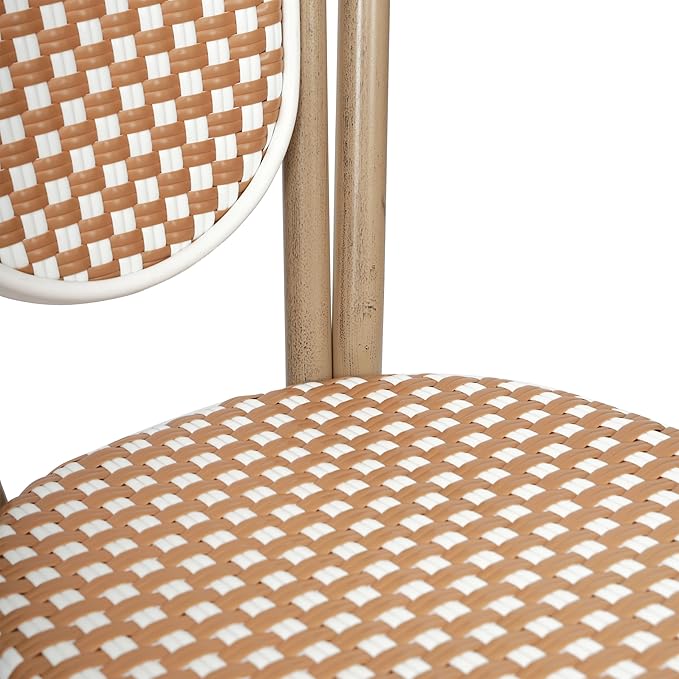Flash Furniture Lourdes Indoor/Outdoor Commercial Thonet Bistro Stack Chair - Natural/White PE Rattan Back and Seat - Light Natural Bamboo Print Metal Frame