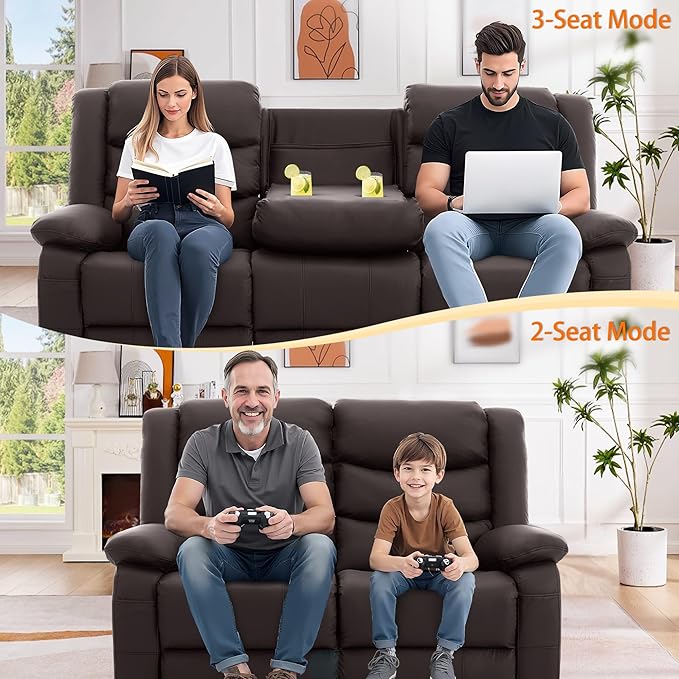 Korser Recliner Sofa, Reclining Loveseat with Console, Oversized Reclining Couch with Drop Down Table, 3-Seater Sofa with Cup Holder and Recessed Power Strip, Brown