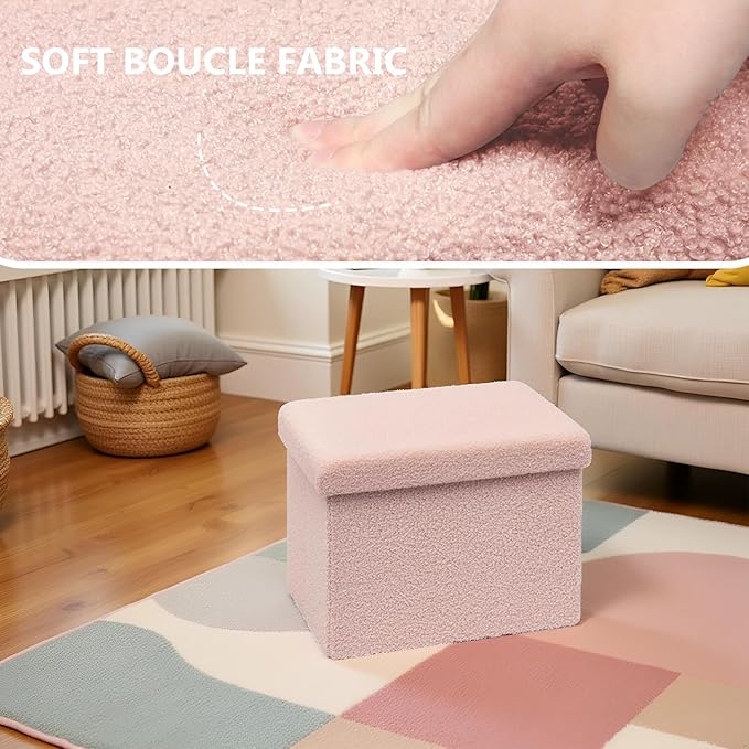 16.5 Inches Small Storage Ottoman - Square Ottoman with Sherpa Top,Storage Bench for Bedroom,16.5" D x 12.6" W x 12.6" H- Pink