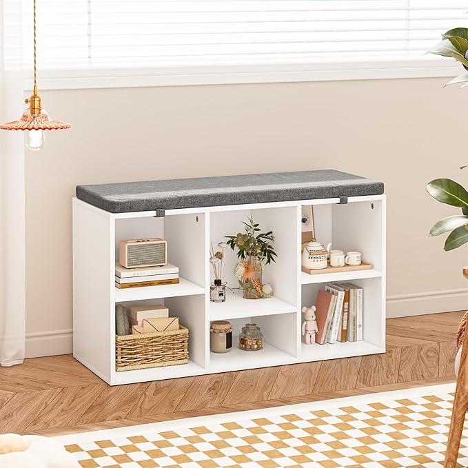 Shoe Bench, Storage Bench with Padded Seat, 6 Cubbies Storage Entryway Bench, for Living Room, Bedroom, Hallway,White