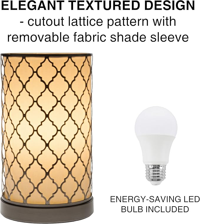 LED Uplight Table Lamp with Steel Finish, Fabric Overwrap, Laser Cut Quatrefoil Pattern and Included LED Light Bulb for Home Uplighting by Lavish Home