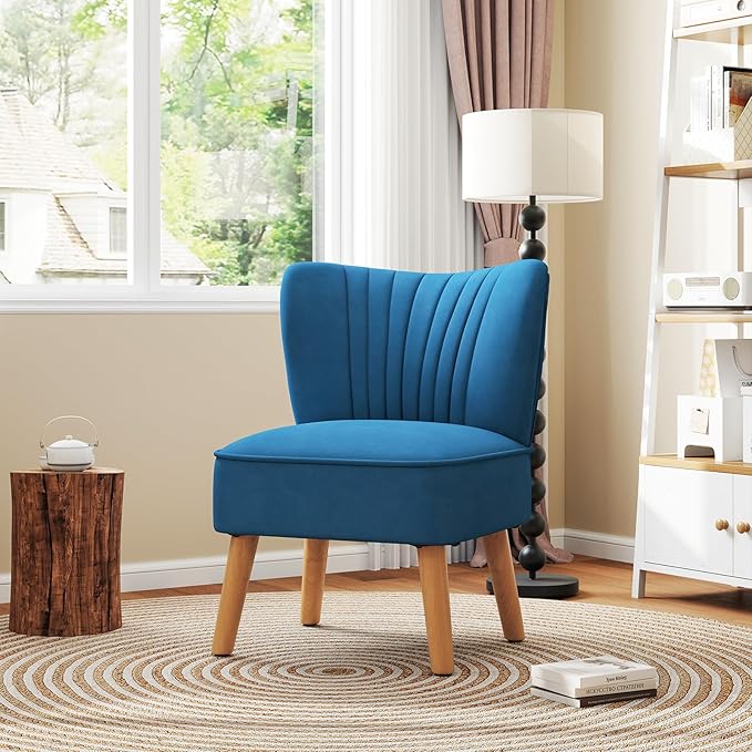 KOMFOTT Velvet Accent Chair Set of 2, Modern Armless Sofa Chair with Solid Rubber Wood Legs, Wingback Leisure Chair with Thick Cushion, Upholstered Side Chair for Living Room, Bedroom, Blue