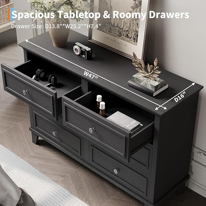 GAOMON Dresser for Bedroom, 6 Drawer Wide Dresser Storage Organizer, Modern Wooden Chest of Drawers with Metal Handles for Hallway, Entryway, Home Office, Black