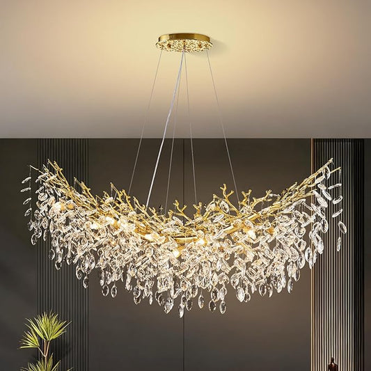 55" Gold Crystal Raindrop Chandelier 16 Light K9 Crystal Pendant Light Fixture Contemporary Tree Branch Chandelier for Dining Room, Living Room Kitchen Island