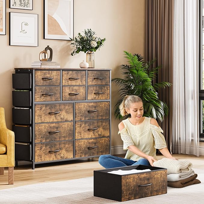 GarveeHome 12 Drawer Dresser for Bedroom, Fabric Dressers & Chests of Drawers with Side Pockets, Chest of Drawers for Closet, Living Room, Closet, Hallway