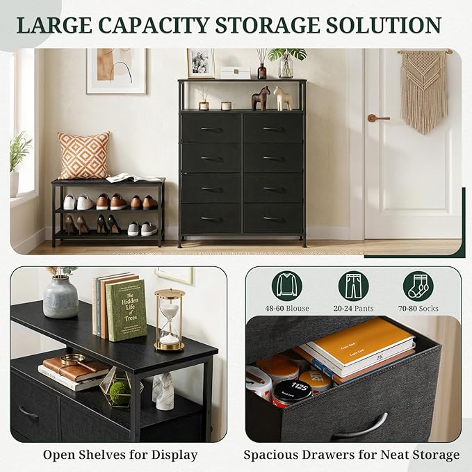 8 Drawers Dresser with Open Shelf, 46" Tall Storage Organizer Chest of Drawer with Wooden Top, Sturdy Metal Frame for Bedroom, Hallway, Living Room, Black