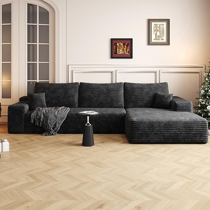 107" Oversized L Shaped Couch with Chaise, Minimalist Compressed Boneless Couch No Assembly Required, Modular Cloud Sectional Sofa for Living Room Bedroom, Right Facing Chaise, Plush Corduroy, Black