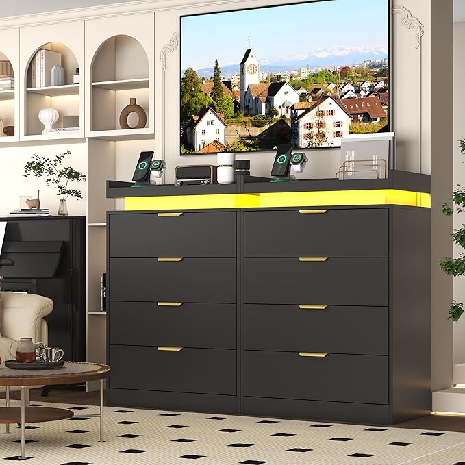 Black Dresser with LED Lights, Wooden LED Dresser, 4 Drawer Chest with Charging Station, Tall Chest of Drawer Closet Organizer for Bedroom, Living Room, Entryway, Hallway