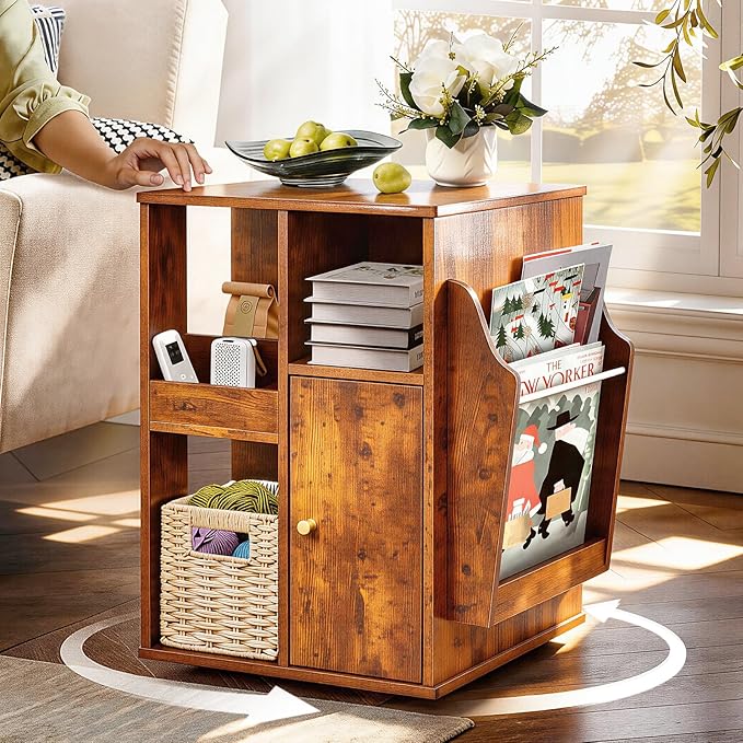 TooCust Rotating End Table with Storage, Square Rotating Side Table Living Room, Side Table with Magazine Holder, Basket and Cabinet, Swivel End Table with Multiple Storage (Rustic Brown)