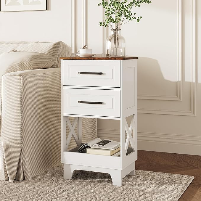 Tall Nightstand Set of 2 Side Table Modern Night Stand with 2 Drawers Wooden Rustic End Table Bedside Table with Upper Open Shelf Solid Feet for Bedroom White+Walnut