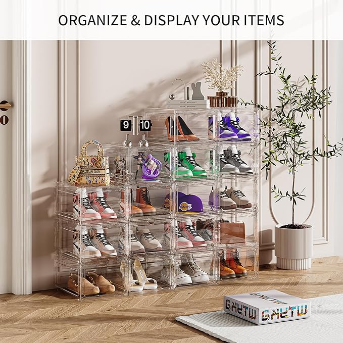 Large Shoe Boxes Clear Plastic Stackable 9 Pack Shoe Storage Organizer for Closet/Entryway, Drop front Shoe Box with Magnetic Door, Shoe Display Case, Fit up to US size 14