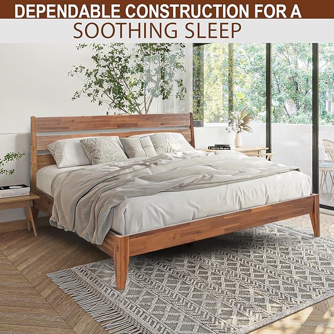 Acacia Emery Bed Frame with Headboard Solid Wood Platform Bed, King Size Bed Frame, Mid - Century Modern Wood Bed Compatible with All Mattresses, Easy Assembly, Non-Slip (Walnut, King)