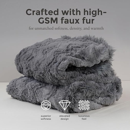 Mon Chateau 60" x 70" Hearthside Faux Fur Throw Blanket, Reversible Soft Blanket for Queen-Size Bed, Couch, or Sofa, Cozy Home Decor and Stylish Living Room Comfort, Winter Cream (Fog Stone Jacquard)
