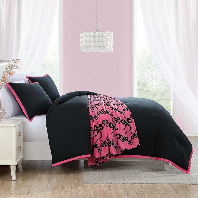 Betsey Johnson - King Comforter Set, Super Soft Bedding with Matching Shams, Bonus Throw Included, Chic Bedding Essentials (Signature Hotel Solid Black, King)