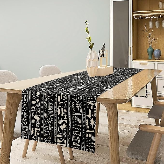 Egypt Table Runner Ancient Egyptian History Mural Old Hieroglyphic Elements Imperial Art Pattern for Coffee Table Dining Indoor Kitchen Holiday Picnic Party Camp Decor 13x108in
