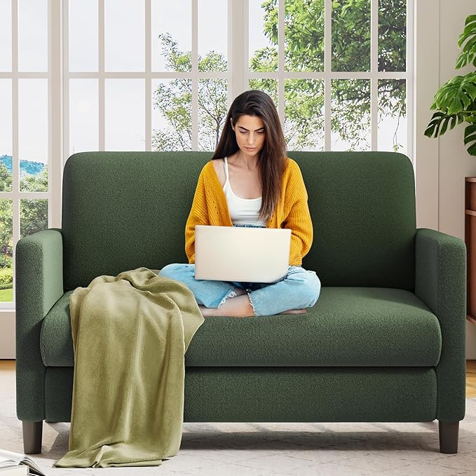Welzona Loveseat, 51" Small Couch, Comfy Teddy Love Seat for Living Room, Tool-Free Setup Loveseat Sofa for Small Spaces, All-Wood Small Sofa Couch for Bedroom, No Pillow Included, Green
