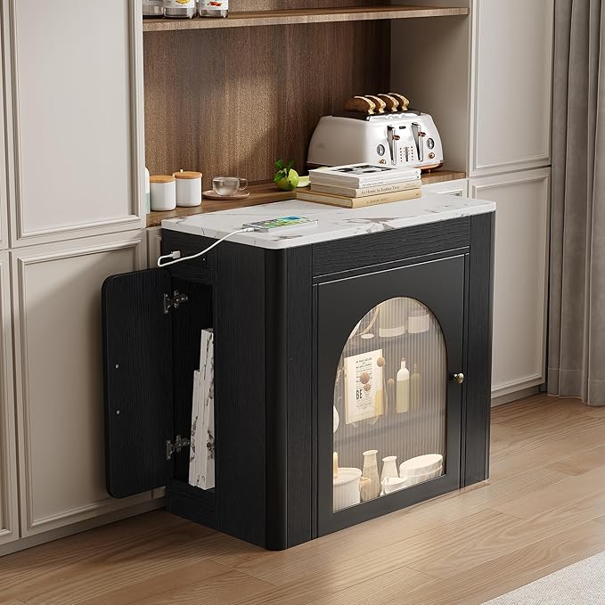 15.6" - 59" Extendable Dining Table, Mobile Kitchen Island with Storage Cabinet, Power Outlet and LED Lights, Space-Saving Dining Table for Small Spaces, Black and Marble White
