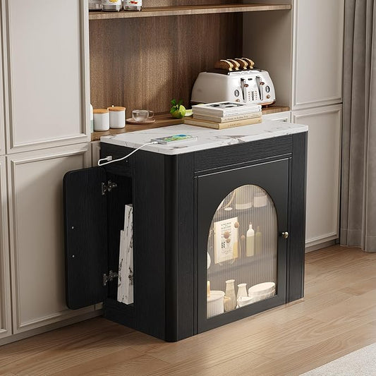 15.6" - 59" Extendable Dining Table, Mobile Kitchen Island with Storage Cabinet, Power Outlet and LED Lights, Space-Saving Dining Table for Small Spaces, Black and Marble White