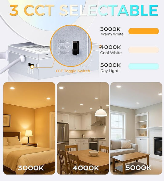 CLOUDY BAY 6 inch 3000K/ 4000K/ 5000K Three Color Temperature Selectable, Dimmable 15W CRI 90+, Ultra Thin LED Recessed Light with Junction Box, Canless Wafer Downlight, Damp Location,White, 12 Pack