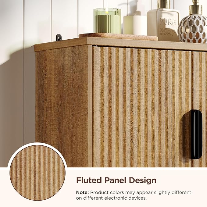 Fluted Bathroom Wall Storage Cabinet with Open Shelf, Floating Wall Mounted Medicine Cabinet with Adjustable Shelves, Over The Toilet for Bathroom, Laundry Room, Kitchen, Natural Oak