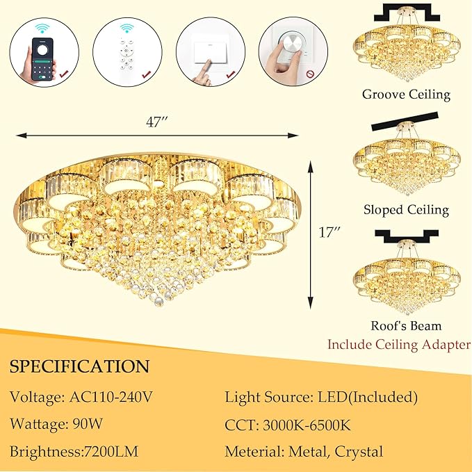47'' Gold Modern Crystal Chandeliers for Dining Room LED Dimmable Light Fixtures Flush Mount Light Living Room Bedrooms