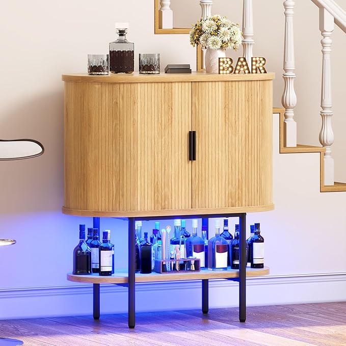 DWVO Bar Cabinet with LED Lights, Oval-Shaped Wine Bar Table with 2 Glass Holders, 4 Wine Racks, Open Shelf, Fluted Coffee Bar Liquor Cabinet for Home, Kitchen, Living Room, Natural Oak