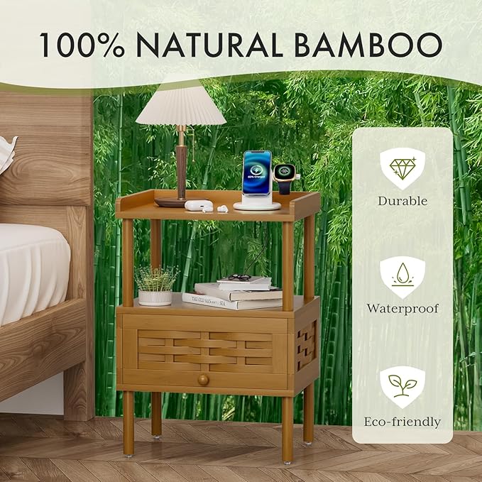 Amazer Bamboo Nightstand with Charging Station, Bedside Table with USB Ports & Outlets, End Table, Night Stand for Bedroom Lift-Up Drawer & Open Shelf, Walnut Brown