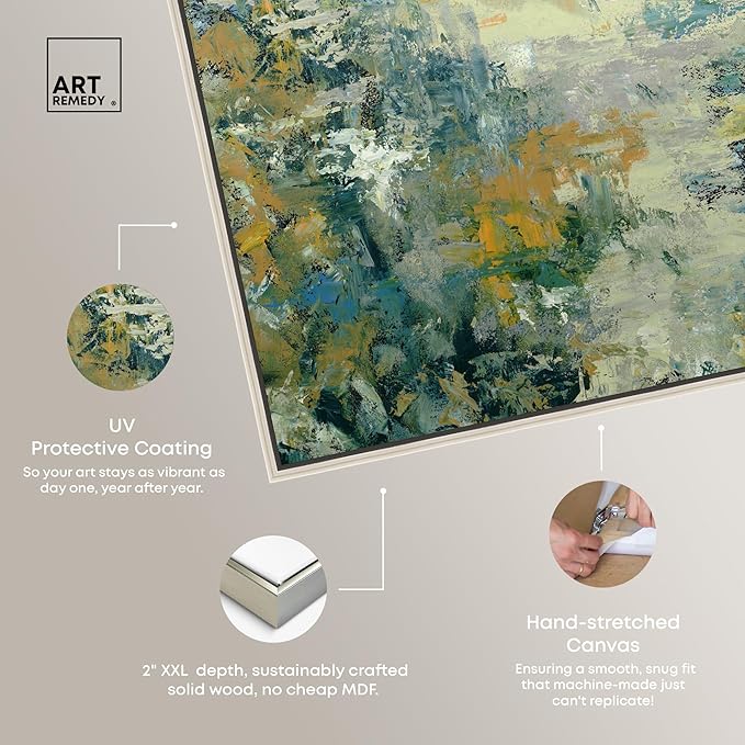 Art Remedy Green Moss Monet Garden Green Abstract Canvas Wall Art, Silver Floater Frame, 30"x45"