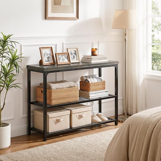 32" Small Console Table with Storage, 3-Tier Narrow Entryway Table, Sturdy Sofa Table with Mesh Shelves, Console Tables for Living Room, Bedroom, Hallway, Entryway, Foyer, Oak Grey