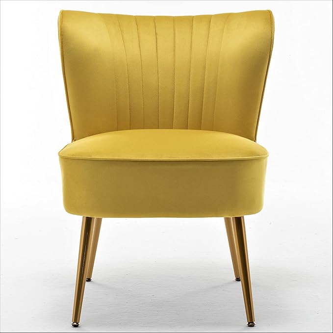 Modern Velvet Accent Chair for Living Room, Bedroom, or Entryway, Stylish and Comfortable Armless Design with Metal Legs, Yellow