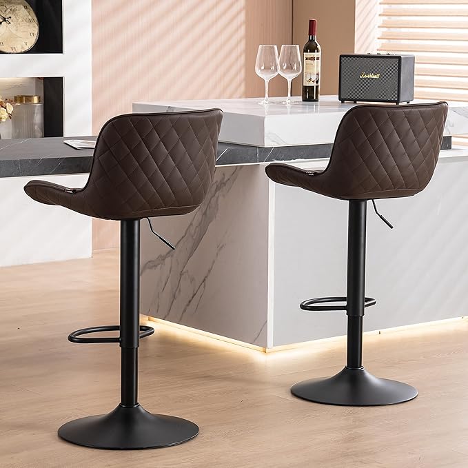 YOUNUOKE Bar Stools Set of 2 Adjustable Counter Height Barstools PU Leather Upholstered Stool with Back Mid Century Modern Chairs for Home Kitchen Island, Brown