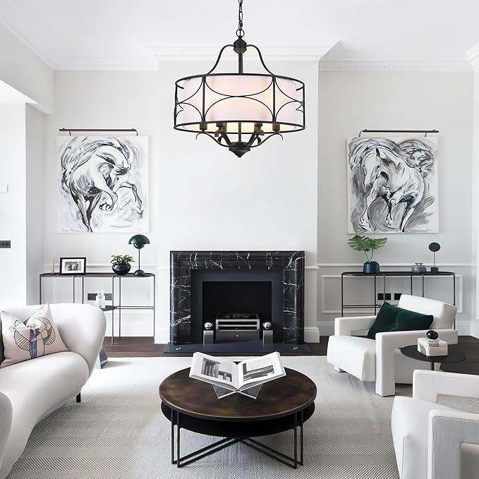 20" Large Black Drum Chandelier - 6 Lights Adjustable Height Modern Farmhouse Pendant Light Fixtures with White Fabric Shade for Kitchen Island Vintage Foyer Entryway Living Room Bedroom