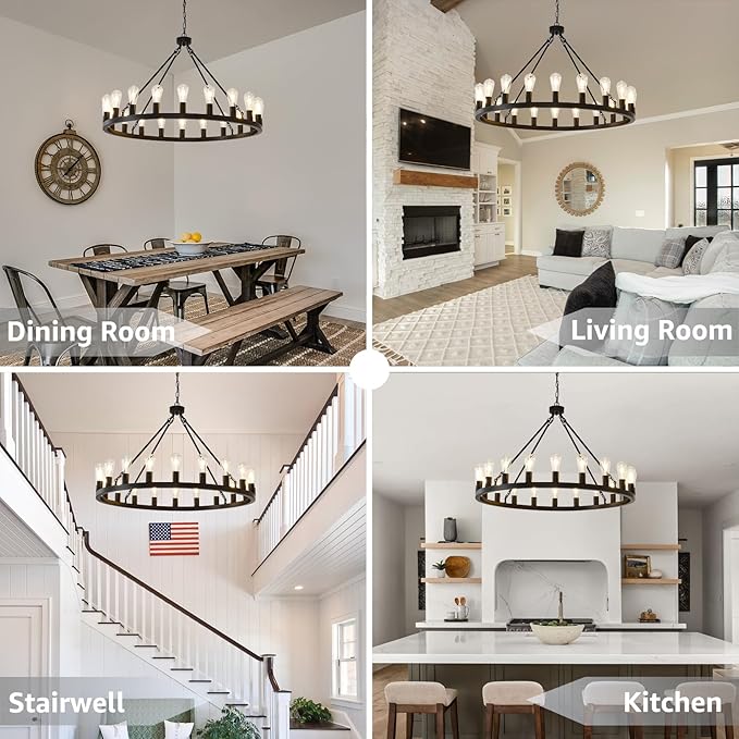 NILSE 40-Inch Large Black Wagon Wheel Chandelier 20-Light, Modern Chandelier for Living Room, Rustic Farmhouse Chandeliers for Entryway, Bedroom, Dining Room, Foyer, E26