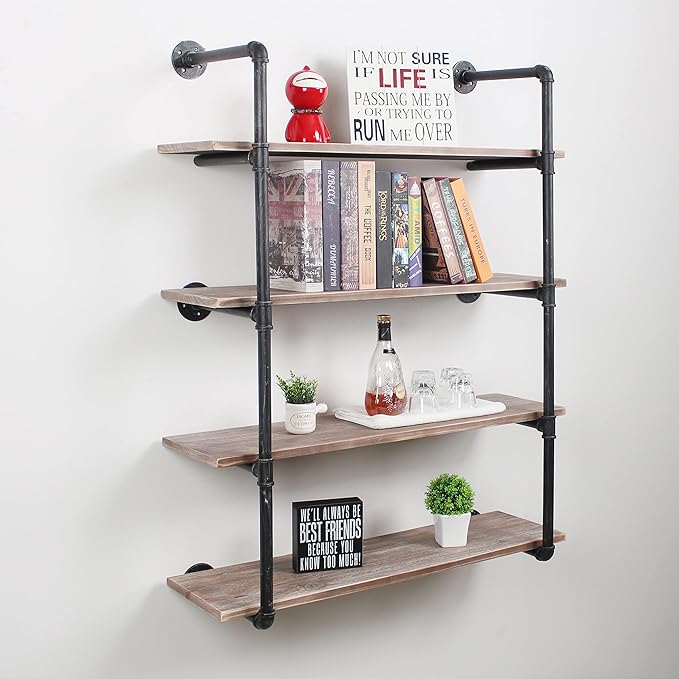 MBQQ Industrial Pipe Shelving Wall Mounted,44in Rustic Metal Floating Shelves,Steampunk Real Wood Book Shelves,Wall Shelf Unit Bookshelf Hanging Wall Shelves,Farmhouse Kitchen Bar Shelving(4 Tier)