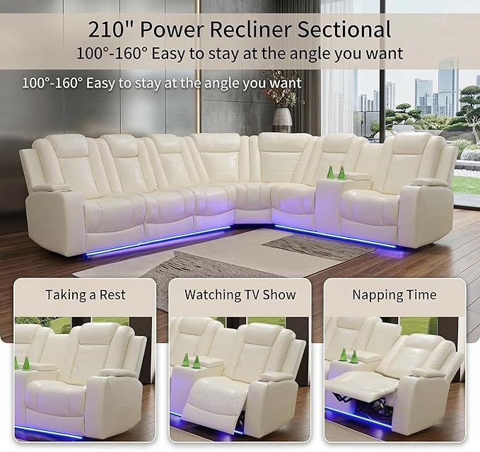 Power Recliner Sectional Sofa, Off-White Breathing Leather L-Shaped Corner Couch with LED Lights, USB/Type-C, Wireless Charging, Cup Holders & Storage Console for Living Room Theater
