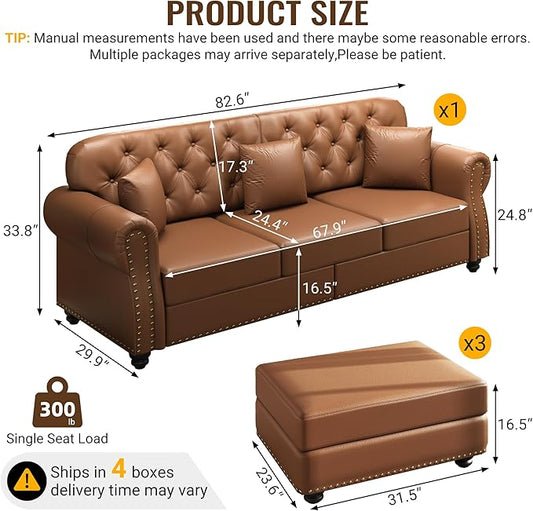 KEIKI 83" Faux Leather Chesterfield Sofa with Rolled Arms & Nailhead Trim & 3 Ottoman, 3-Seater Button Tufted Couch with High Resilience Cushion & 3 Pillow, Easy Assembly, for Living Room, Brown