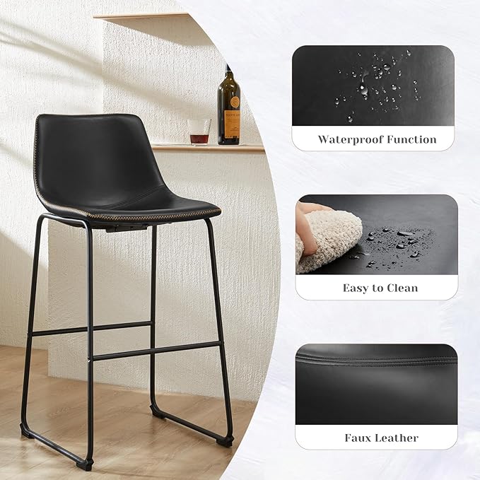 Sweetcrispy Counter Height Bar Stools Set of 4, 30 inch Leather Barstools Modern Bar Stools with Back, Counter Stool Armless Bar Chairs with Metal Legs, Footrest, Classic Black
