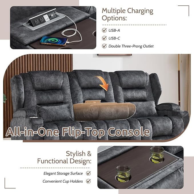 SAMERY Power Loveseat Recliner Sofa, Wall Hugger Reclining Loveseat Sofa, Movie Home Theater Seating with Flip-Backrest, Solid Wood Top, Ambient LED Lights, USB-C, Outlets, Velvet, Gray, 3 Seater | Extra Wide Seat, Plush Padding, Dual Power Recline, Fl...
