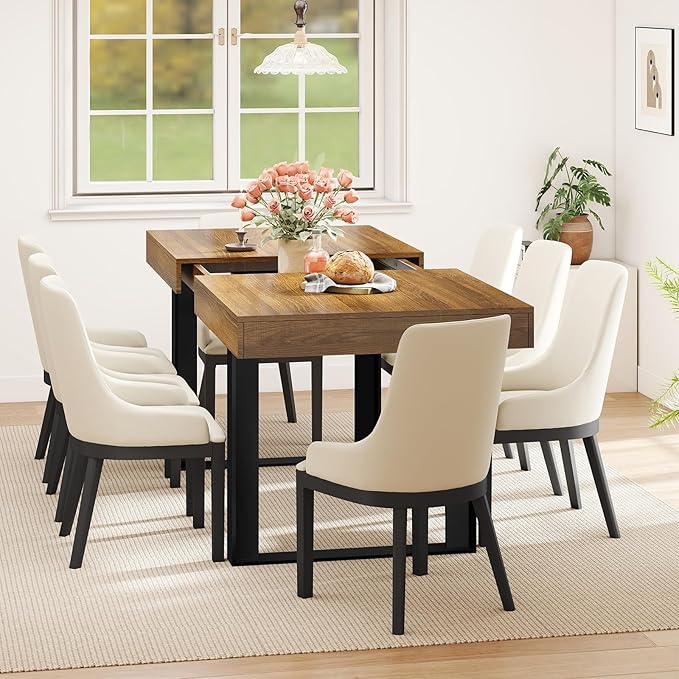 63"-78.7" Expandable Dining Table, 6-8 Extendable Dining Table, Rectangle Conference Table, Farmhouse Kitchen Table with Slide Track, Tapered U-Shaped Wood Legs for Office, Living Room-Brown