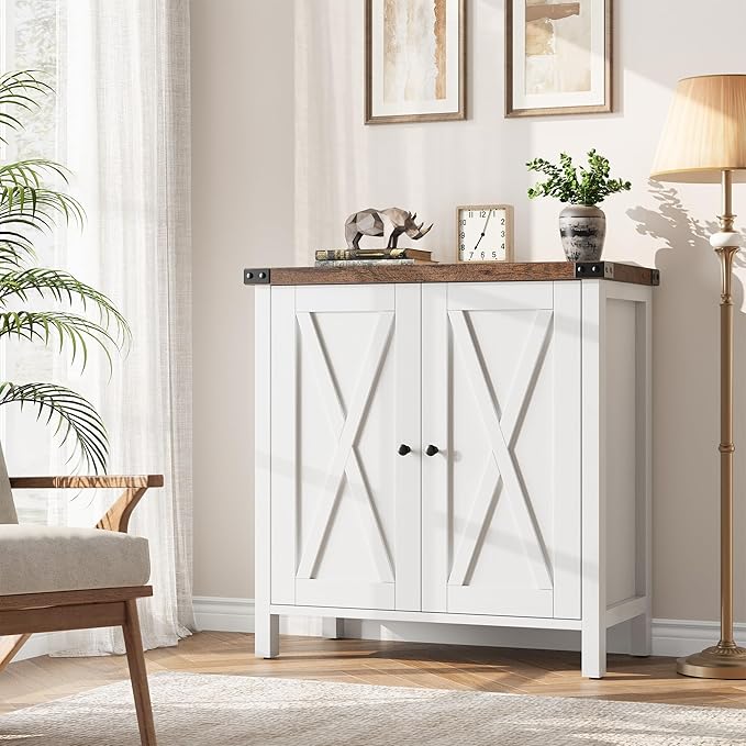GarveeHome Small Storage Cabinet, Farmhouse Sideboard Buffet Cabinet with 2 Doors and Adjustable Shelves, Accent Entryway Console Cabinets for Living Room, Dining Room (White+Brown, 1 Pieces)