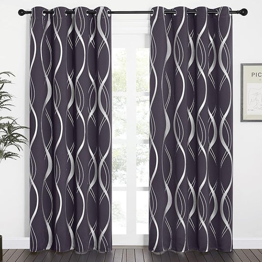NICETOWN Blackout Curtains Panels for Living Room, Greyish Purple, 52" Wide x 84" Long, 2 Panels, Sound Reducing Thermal Insulated Wave Line Foil Print Design Curtains for Patio Sliding Glass Door