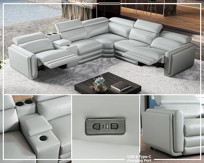 Jocisland Dual Power Recliner, Oversized 5-Seater Sofa with Console, 3 Bluetooth Speakers & Hidden Storage, Modern L Shaped Reclining Couch with 6 Charging Ports - Light Gray Leathaire