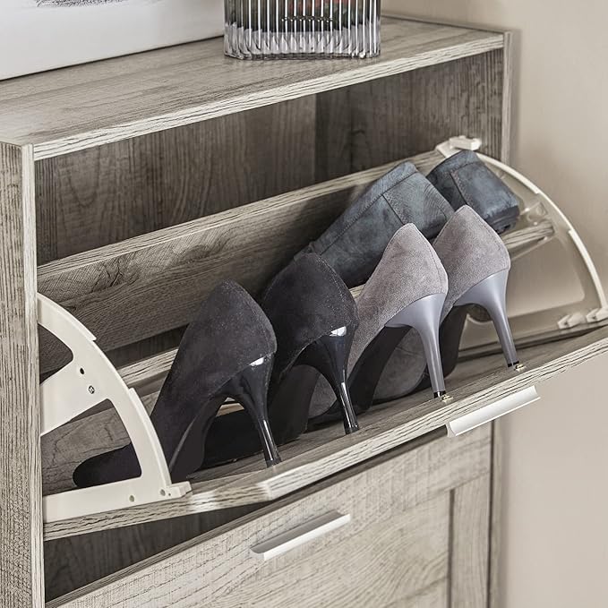 Haotian Enclosed Shoe Rack for Entryway, Narrow Shoe Cabinet with 2 Flip Drawers, Slim Shoe Storage Organizer for Hallway or Small Spaces, Grey, FSR137-HG