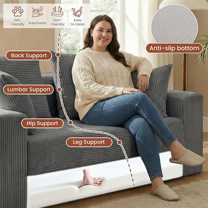 Convertible 5 in 1 Futon Sofa Bed Full Size, Corduroy Boneless Couch Sleeper Sofa with 4 Pillows, Foldable Pull Out Loveseat Floor Mattress for Living Room, Apartment, Small Space & Dorm