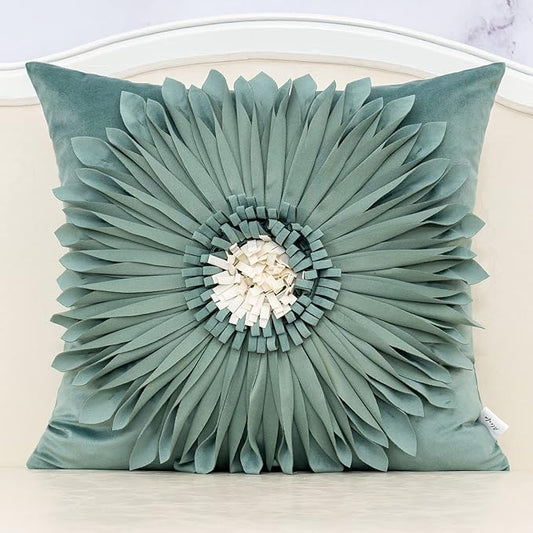 Alerfa 3D Flower Handmade Throw Pillow Cover Decorative Green Velvet Pillowcase Cushion Cover with Hidden Zipper for Couch Bed Living Room Home Decor 20 x 20 Inches