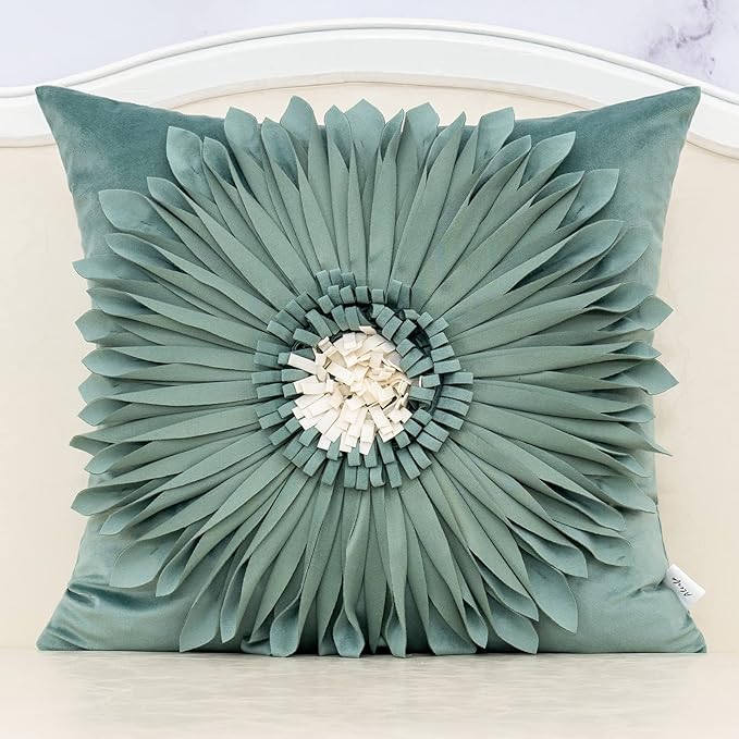 Alerfa 3D Flower Handmade Throw Pillow Cover Decorative Green Velvet Pillowcase Cushion Cover with Hidden Zipper for Couch Bed Living Room Home Decor 18 x 18 Inches
