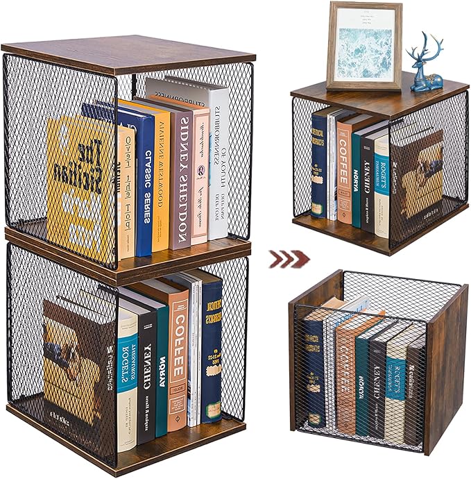 2 Cube Organizer Bookshelves DIY Variable Stackable Cube Storage Organizer for Kid Bedroom,Living Room,Small Bookshelf Black Brown Wooden,No Vinyl Storage
