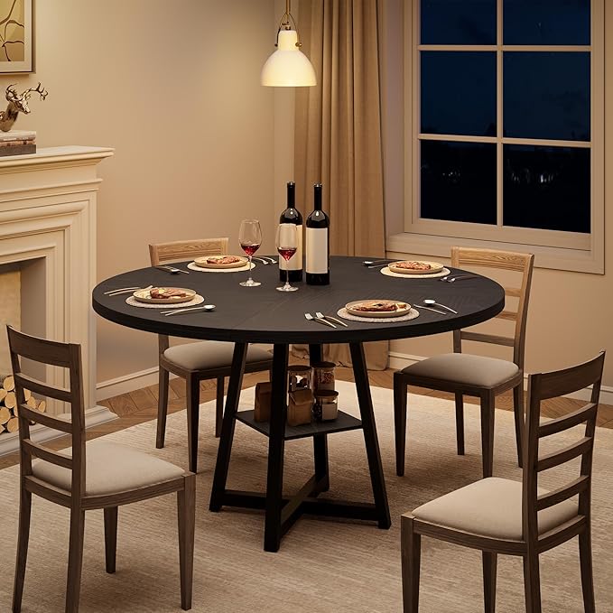 GAOMON 47" Round Dining Table for 4-6 People, Wooden Circle Kitchen Table with Storage Shelf, Industrial Dining Room Table for Kitchen, Dining Room, Save Space